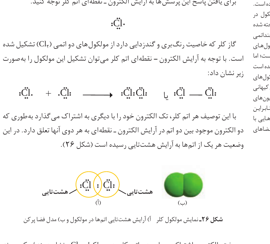 شکل ۲۶ کتاب شیمی دهم؛ تشکیل پیوند اشتراکی در مولکول Cl₂ و رسیدن هر اتم به هشت‌تایی